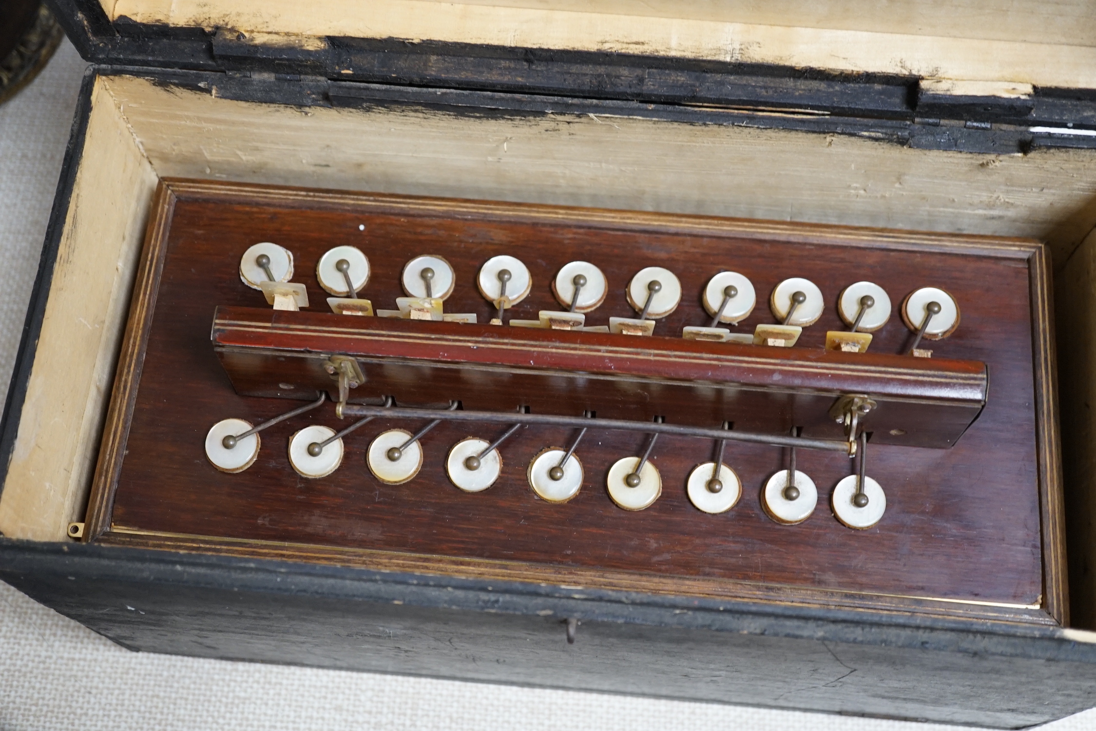 Three 19th century French accordions, two cased, a La Bandeneon for restoration